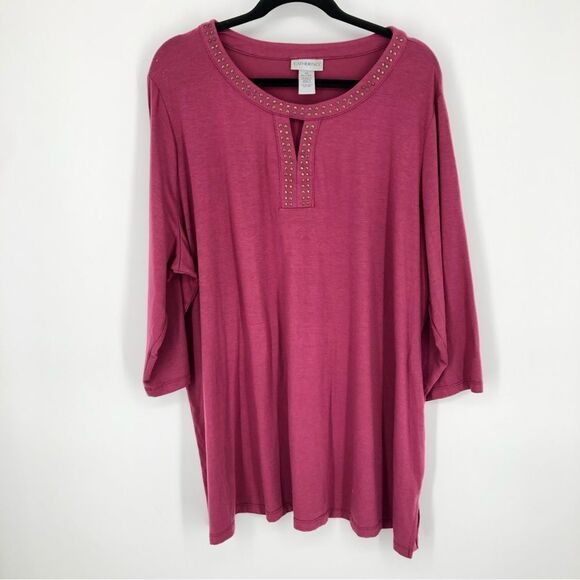 Catherines Shirt Womens 2X Pink Studded Cutout Neck 3/4 Sleeve Stretchy Comfy - Picture 1 of 11